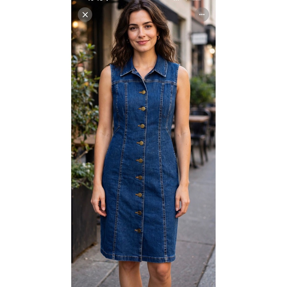 BCBG Womens Blue Denim Sleeveless Button Front Shirt Dress Size 14 Medium Wash
